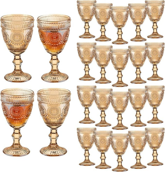 24 Pcs Vintage Wine Glasses, 10 Oz Colored Glass Water Goblets, Unique Flower Embossed Pattern High Clear Stemmed Glassware Wedding Party Bar Glass Drinking Cups Flower Amber Fancy Glasses Set of 24