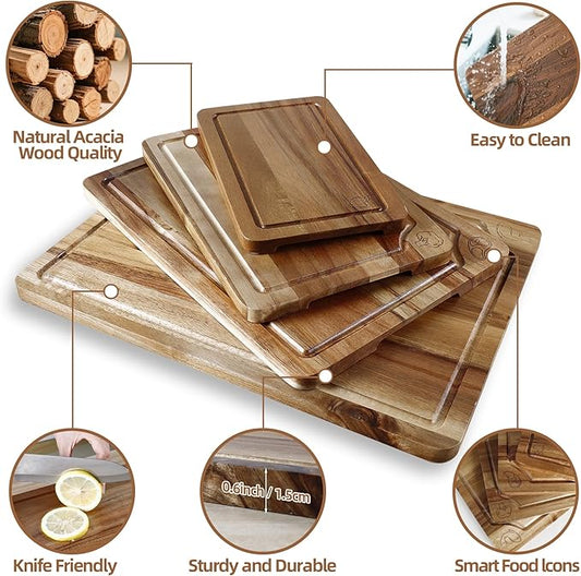 Wood Cutting Board Set of 4, Wooden Chopping Boards with Food Icons for Kitchen, Charcuterie Board for Meat, Vegetables, Fruits, Cheese