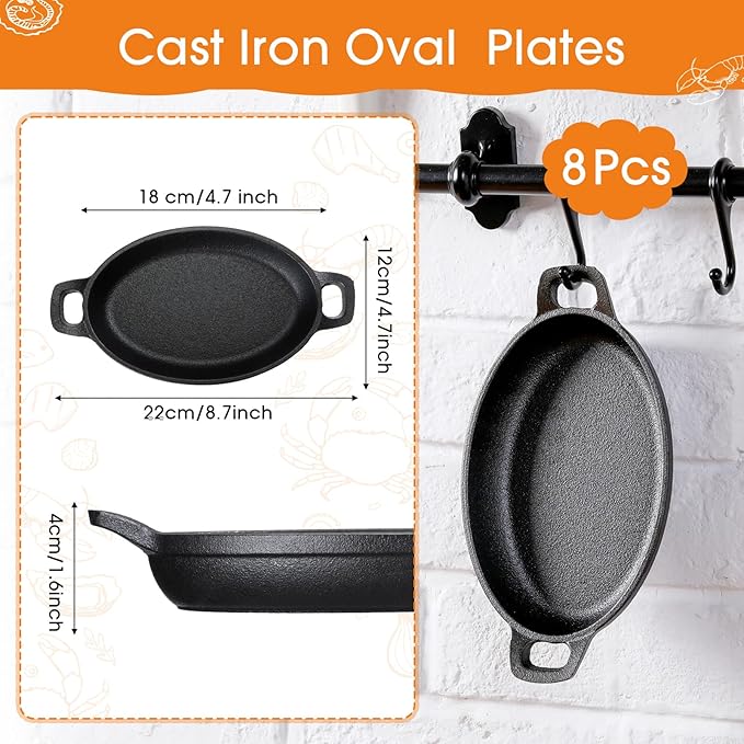 Mifoci 8 Pcs Oval Serving Dish Mini Cast Iron Skillet Cast Iron Baking Pan Sizzling Plate Matte Black Gratin Cookware for Home Restaurant Kitchen Food Service Barbecue (7.1" X 4.7")