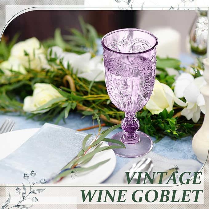6 Pcs Plastic Goblets 7.5oz Vintage Goblet Plastic Wine Glasses Colored Retro Embossed Water Goblets for Wine Bar Juice Baby Shower Wedding Reception Grand Event Party (Purple)