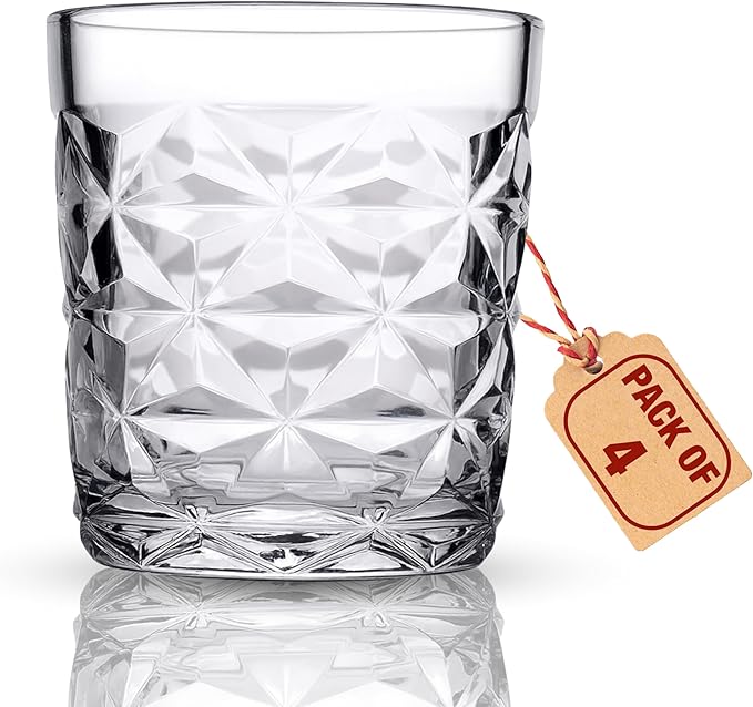 Premium Old Fashioned Whiskey Glasses Set of 4 – 12 oz Scotch & Bourbon Glasses, Heavy Solid Base Liquor Tumblers for Cocktail, Rum & Vodka – Crystal Design Barware, Gift for Men, Parties, Home