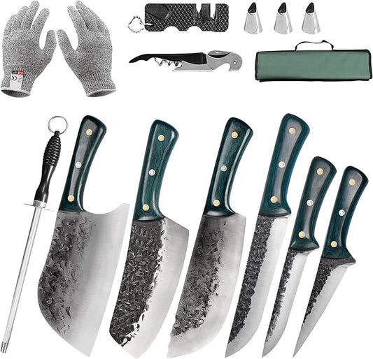 FULLHI Portable 12pcs Butcher Knife Set Green Woodhandle with Knife Bag Hand Forged Chef Boning Knife High Carbon Steel Viking for Kitchen, Camping, BBQ