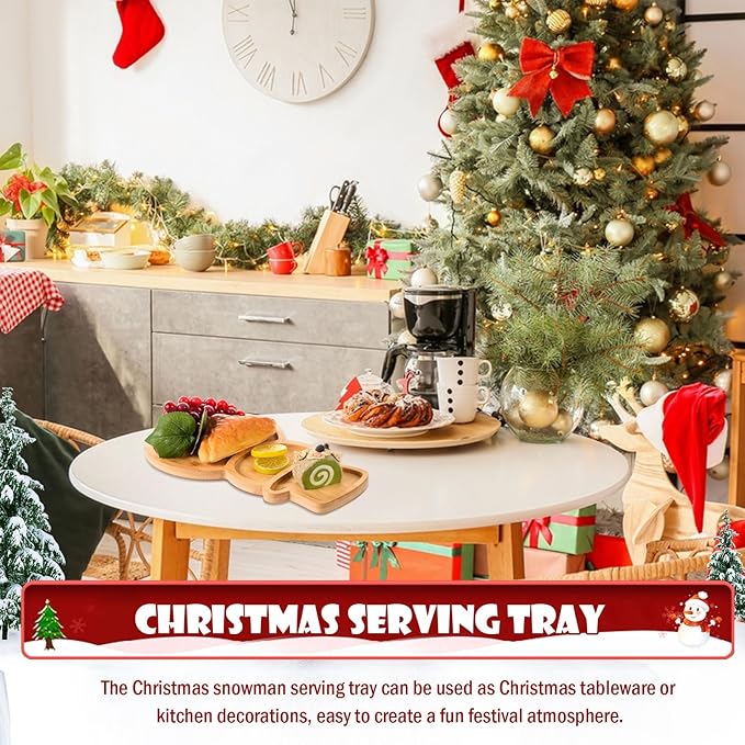 AWIZOM Snowman Wooden Serving Tray Christmas Bamboo Platter Winter Snowman Shape Charcuterie Board Decorative Wood Snack Dish Plate for Xmas Holiday Housewarming Present,14.17x8.15x0.59 Inch