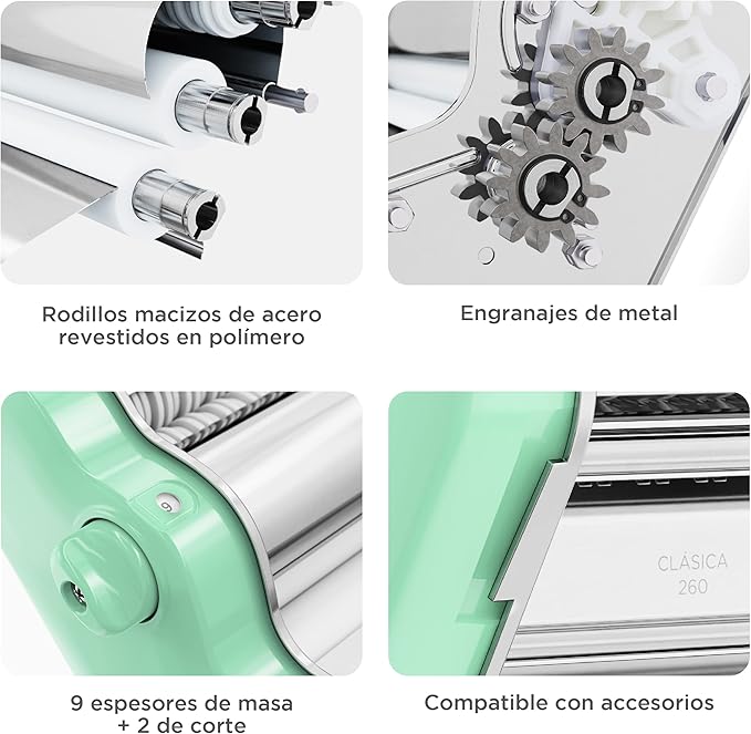 PASTALINDA Classic 260 Pasta Maker Machine, 26 cm Wide Rollers, 9 Thickness Positions, 2 Cutting Positions, Stainless Steel. Includes Reinforced Hand Crank And Two Clamps (Pastel Green)