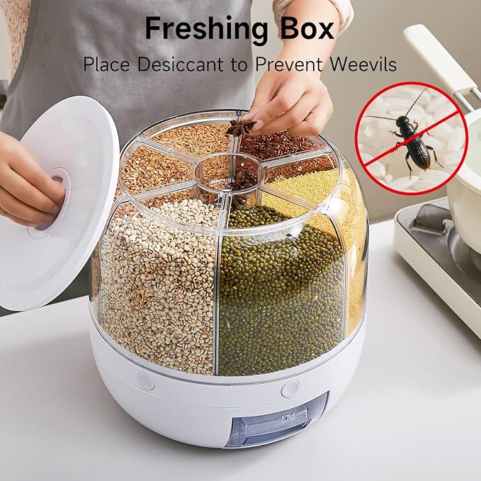 Rice Dispenser | 360° Rotating Grain Storage Bin - 6 Grids, 20LBS Large Capacity Food Container, Moisture-Proof, One-Click Output for Rice, Beans & Pet Food - Kitchen Pantry Organizer