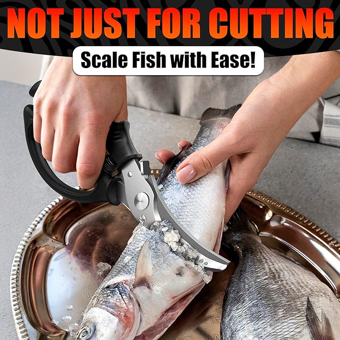 Chicken Shears – Stainless Steel Heavy Duty Poultry Shears | Meat, Vegetables, Seafood | Fish Scale Remover & Bone Scissors | Non-Slip Serrated Saw-Like Edge, Safety Lock & Spring-Loaded Mechanism