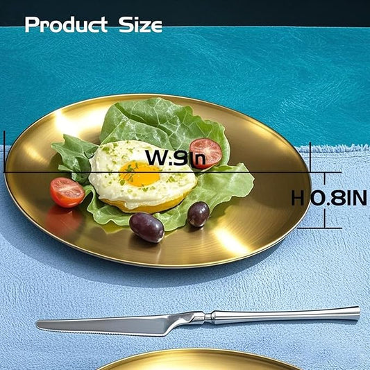 18/8 Stainless Steel Dinner Plate for Main Dishes, Grilled Meat, Dessert, Salad, and Fruit - 9 Inches (23 cm) Large Capacity（Gold-2PC）