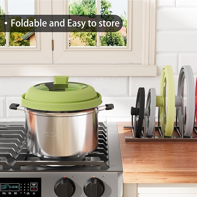 Microwave Splatter Cover, Vented Silicone and Glass Cover Splatter Guard Lid, Food Collapsible Plate Cover Lid with Easy Grip Handle. (Green, 10.8 inch)