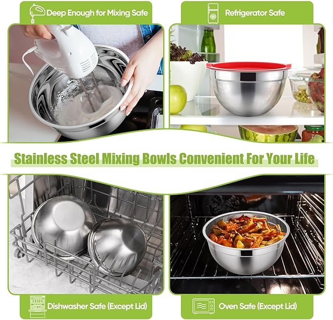 P&P CHEF Mixing Bowls with Airtight Lids Set of 5, 10-Piece Stainless Steel Mixing Nesting Bowl, Metal Bowl with Lid for Kitchen Prepping & Storing, Size 4.6, 3, 1.5, 1, 0.7 QT, Red