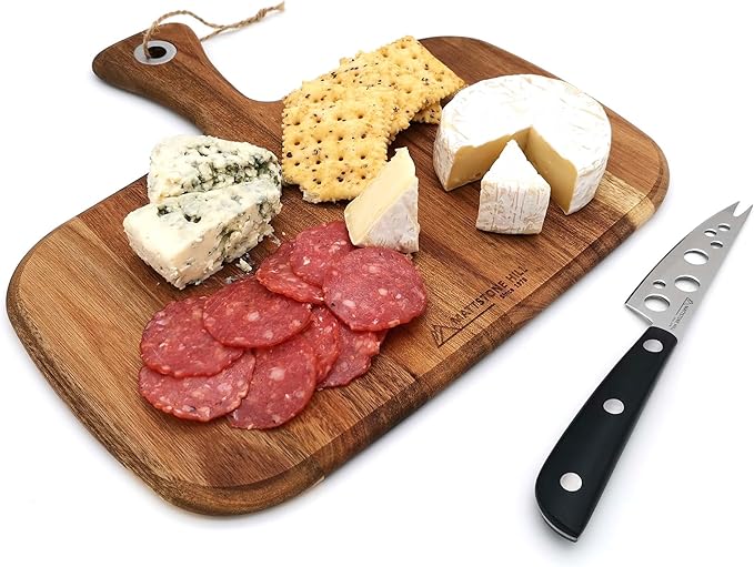 Cheese Knife Set - MATTSTONE HILL Cheese Knife & Acacia Cheese Board Set, Soft & Semi Hard Cheese Knife, Cutting Board, Charcuterie Board, Wood Serving Platter