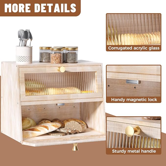 Vintage Double Layer Bread Box for Kitchen Countertop，Large White Bread Boxes Wooden Breadbox Bread Storage Container Bin Bread Holder(Vintage White)