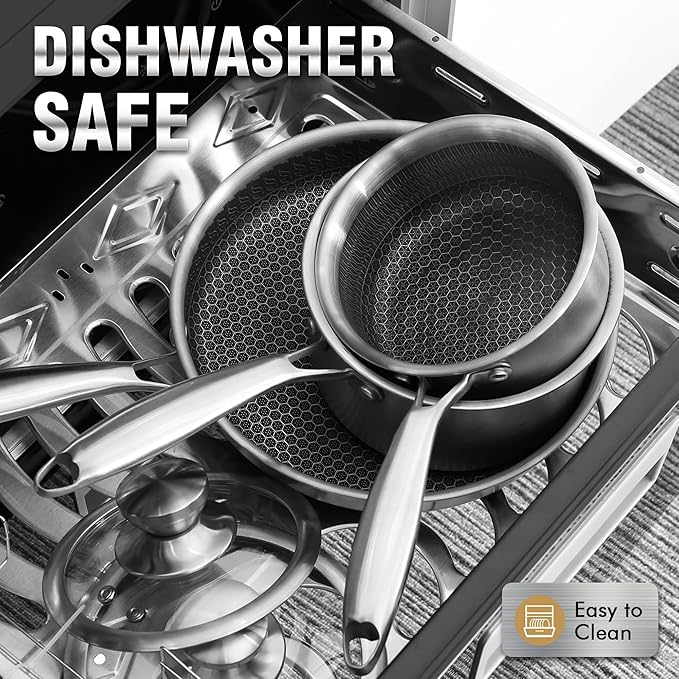 AuFranc™ Hybrid Nonstick 1 Quart Stainless Steel Saucepan with Glass Lid, Induction Sauce Pan with Honeycomb Carving, Non-stick Sauce Pot Compatible with All Cooktops, Dishwasher Safe, Non-Toxic