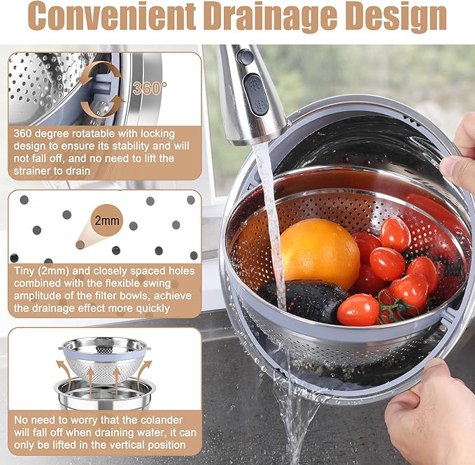 TeamFar Mixing Bowls with Colander Set, Stainless Steel Strainer and Nesting Salad Bowls, with Lids & 3 Graters, Non-Slip Bottom & Visible Lid, Rotatable & Dishwasher Safe, 4.6/3/1.5 QT, Khaki