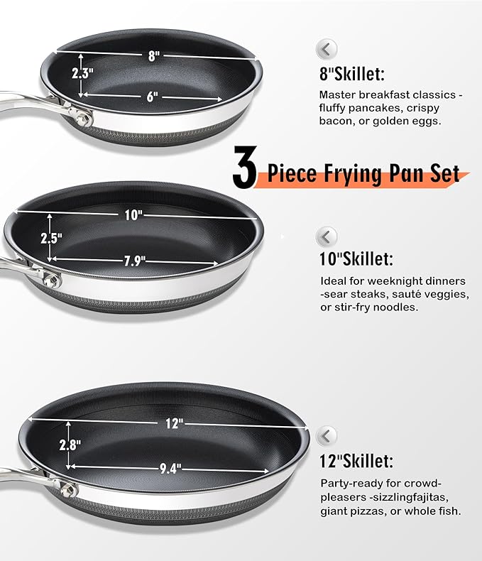 Nonstick Frying Pan Set with 3 Lids, 6 Piece Non-Toxic Titanium Ceramic Skillet, 8, 10 & 12 Inch Stainless Steel Pans, PFAS/PFOA/PTFE Free, Dishwasher & Oven Safe, All Cooktops Compatible