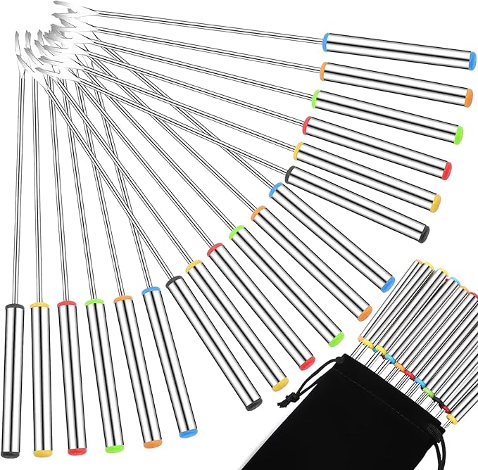 18 PCS Fondue Forks Stainless Steel,9.3 Inches Cheese Fondue Sticks with Heat Resistant Handle,Color Coding Fondue Fork Smores Sticks for Cheese Chocolate Roast Marshmallows Dessert Meat
