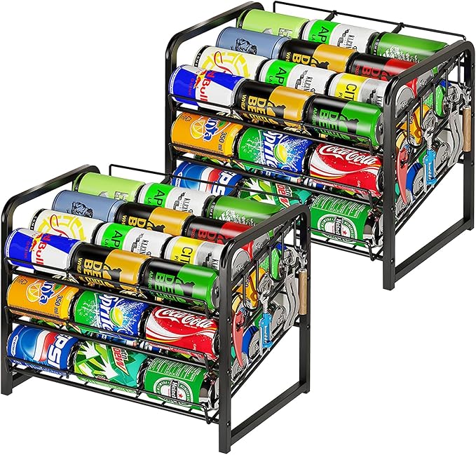 6-Tier Stackable Can Rack Organizer for Pantry, Adjustable Can Dispenser Holds Up to 60 Cans, with 12 hooks, Can Storage Holder for Various Ounces of Canned Food Soda Drinks, Black, 2 Pack