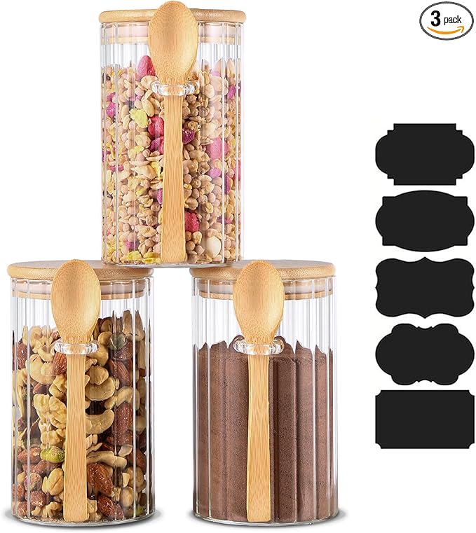 25 FL OZ Airtight Glass Jars with Bamboo Spoons Lids Overnight Oats Container Decorative Coffee Bar Food Storage Jar Cereal Nuts Salts Coffee Tea Flour Sugar Container Spice Jars