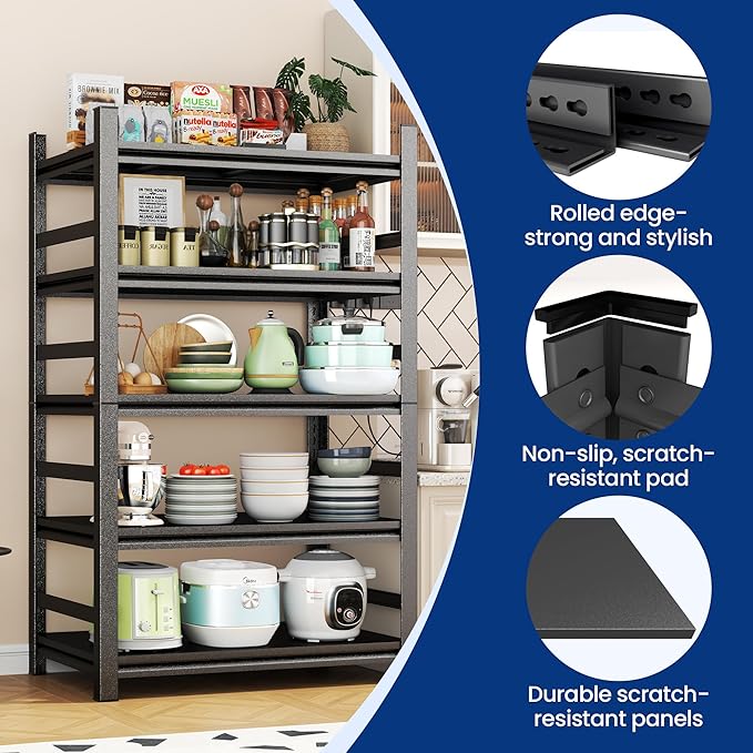 Metal Kitchen Shelf, Heavy Duty 5 Tier Adjustable Storage Shelf, 3000 lb. Load Capacity, Steel Dividers for Heavy Duty Tools and Cookware, Ideal for Kitchen, Pantry, Garage, Black