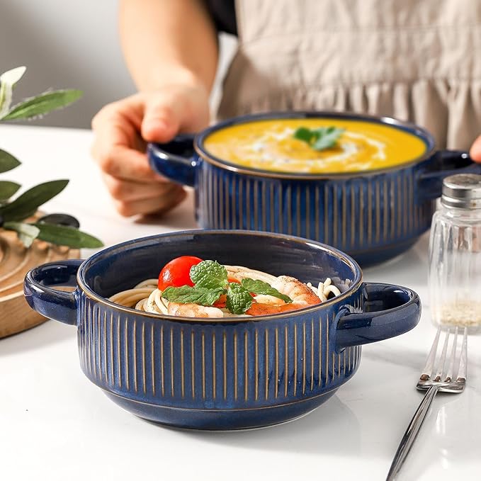 Soup Bowls with Handles, 20 oz French Onion Soup Crocks, Stackable Soup Bowl Oven Safe for Chili, Beef Stew, Embossment Ceramic Bowl Set - 5.4 Inch, Set of 4，Blue