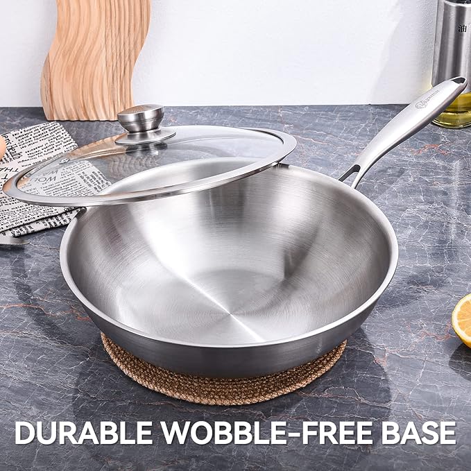 LOLYKITCH Tri-Ply 13 Inch Stainless Steel Wok Pan with Lid, Stir-Frying Pan,Induction Wok,Dishwasher and Oven Safe,Heavy Duty and Detachable handle.