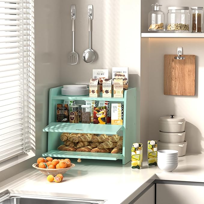 Bread Box for Kitchen Countertop, Double Layer Wooden Breadbox, Large Capacity Bread Storage Bin, Homemade Bread Storage Container, Farmhouse Breadbox Organizer, Green