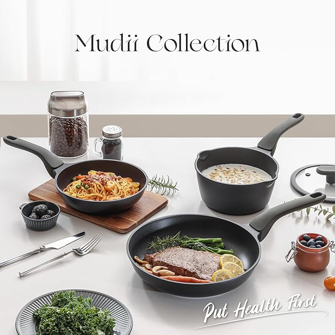 PRICUSIS Nonstick Ceramic Frying Pan with Lid, 8/10 Inch Skillet with Stay Cool Handle, Fully Coated, Induction Compatible & Oven Safe, 100% Dishwasher Safe, PTFE & PFOA Free（8 Inch, Black Sesame）