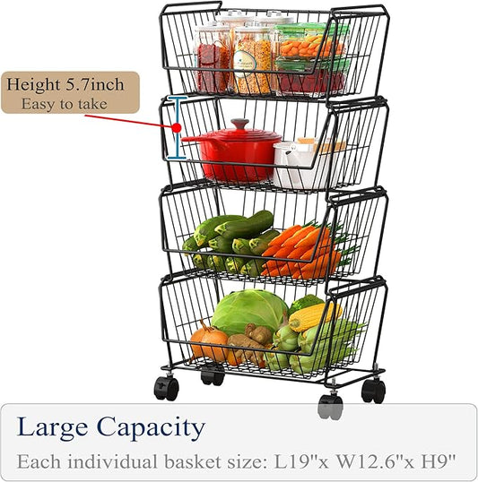 PUSDON 4-Tier Stackable Metal Storage Baskets, Anti-Rust Fruit Vegetable Rack, Dual Use Shelf for Kitchen, Home & Office, Black
