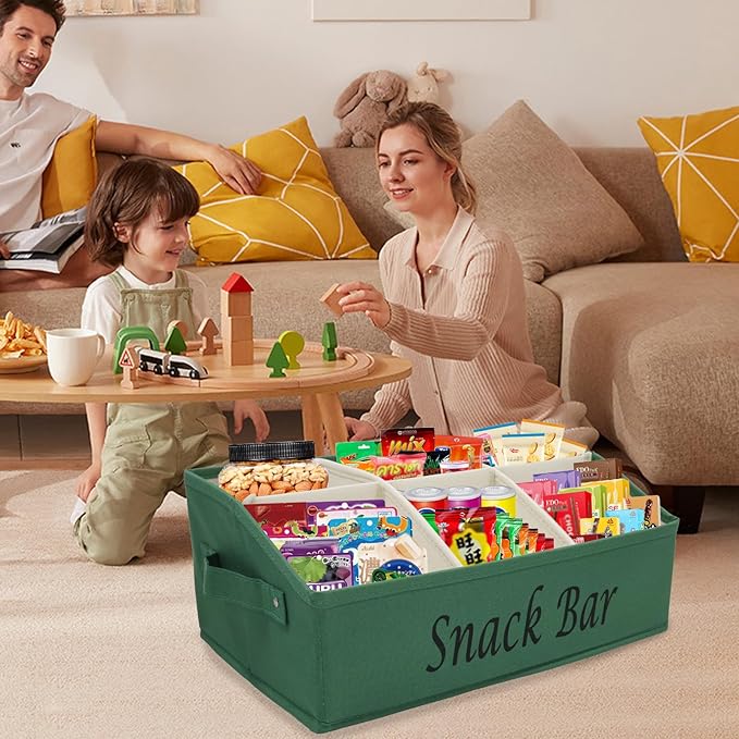 Snack Organizer for Countertop, Fabric Snack Bar Station with Handles, 6 Compartment Container, Kitchen Pantry Storage and Organizer, Green