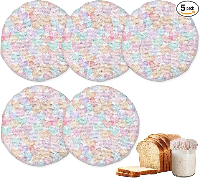 Sourdough Starter Jar Covers,5-Pack Reusable Pastel Pink Heart Cloth Lids for 3-4 Inch Jars,Ideal for Kombucha Kefir or Cheese Fermentation