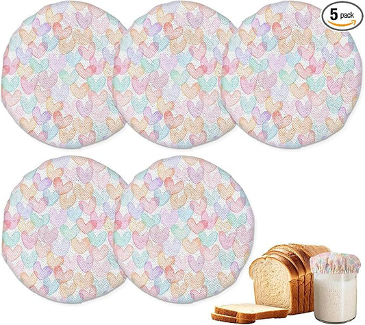 Sourdough Starter Jar Covers,5-Pack Reusable Pastel Pink Heart Cloth Lids for 3-4 Inch Jars,Ideal for Kombucha Kefir or Cheese Fermentation