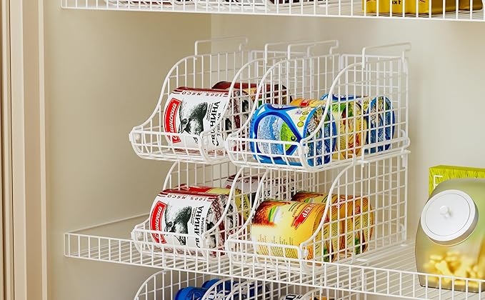 Stackable Pantry Can Dispenser Baskets 3-Pack, Standing Beverage Drink Pop Soda Can Storage Organizer Bin with Handles, Foldable Canned Food Holder for Kitchen Countertop Cabinet White