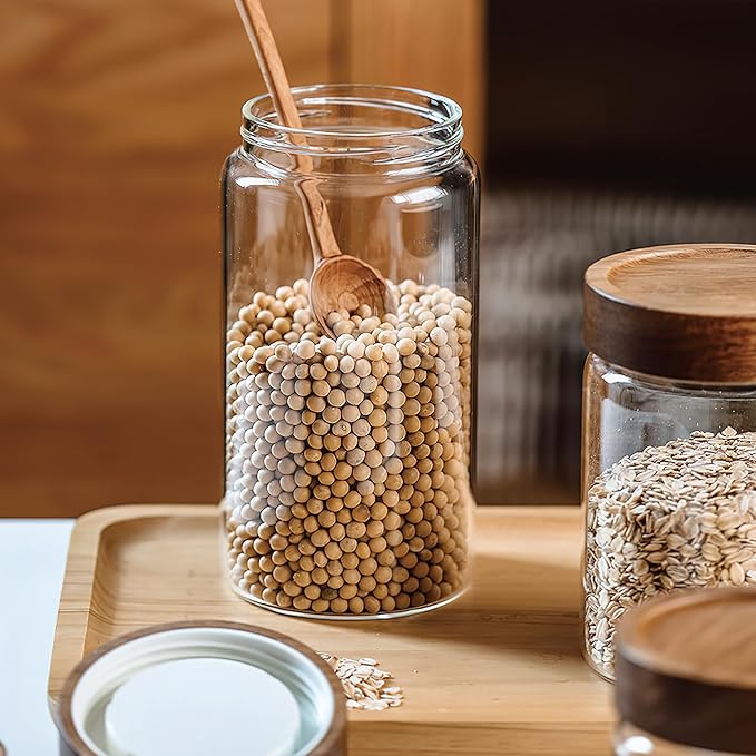 3 Pack 28 oz/850 ml Clear Glass Storage Canister with Airtight Wooden Screw On Lid, Medium Decorative Glass Container Jar Set for Coffee, Candy, Cookie, Condiment, Pepper, Sugar, Oatmeal