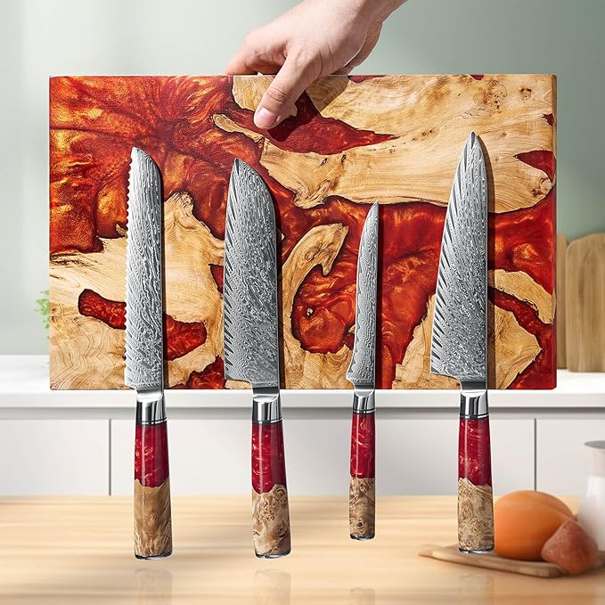 SENKEN "Red Tsunami" Extra Large Magnetic Knife Block - Holds Up to 16 Knives - Knife Block without Knives, Universal Knife Holder, Beautiful Red Resin & Natural Wood Blend ("Crimson" Red Resin Blend)