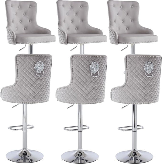 Velvet Lion Bar Stools Set of 6, Modern Height Adjustable Swivel Barstools with Chrome Base, Tufted Counter Height Bar Stools Upholstered Bar Chairs for Kitchen Island, Dining Room, Grey