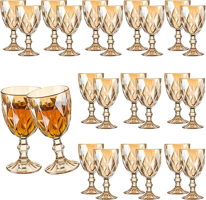 24 Pcs Vintage Wine Glasses, 10 Ounce Colored Glass Water Goblets, Unique Embossed Pattern High Clear Stemmed Glassware Wedding Party Bar Glass Drinking Cups Fancy Wine Glasses Amber Set of 24