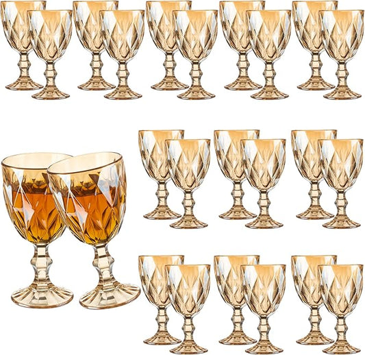 24 Pcs Vintage Wine Glasses, 10 Ounce Colored Glass Water Goblets, Unique Embossed Pattern High Clear Stemmed Glassware Wedding Party Bar Glass Drinking Cups Fancy Wine Glasses Amber Set of 24