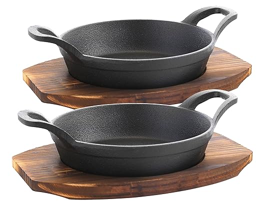 Bruntmor Mini Cast Iron Sizzler Plates Skillet Set Of 4. Round Fajita Plate With Wooden Base/Pan Tray Serving Sizzling Dish And Fajitas, Hot Steak Skillet Dish Without Sinking (2 Sets)