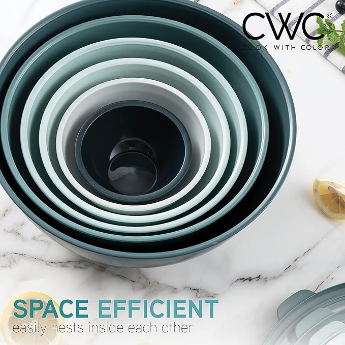 COOK WITH COLOR Mixing Bowls with TPR Lids - 12 Piece Plastic Nesting Bowls Set includes 6 Prep Bowls and 6 Lids, Microwave Safe Mixing Bowl Set (Teal)