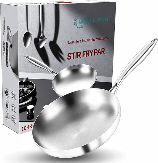LOLYKITCH 10 Inch Tri-Ply Stainless Steel Frying Pan,Skillet,Chef's Induction Pan,Dishwasher and Oven Safe.