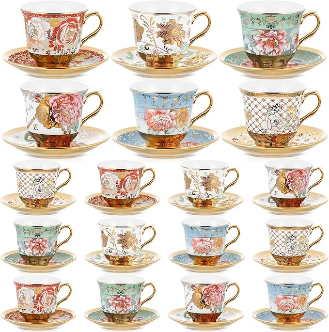 Set of 18 Tea Cups and Saucers Tea Party Decorations Floral Porcelain 5.4 oz British Gift for Women Birthday Party, Church, and Mother's Day (Stylish Style,5.4 oz)