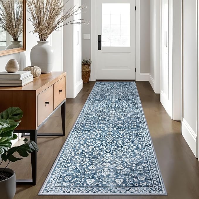 Vintage Runner Rugs for Hallway 3x10, Blue and White Washable Long Hallway Runner Rug Non Slip, Super Soft Kitchen Runner Rug, Print Faux Wool Floral Thin Carpet Hall Runner