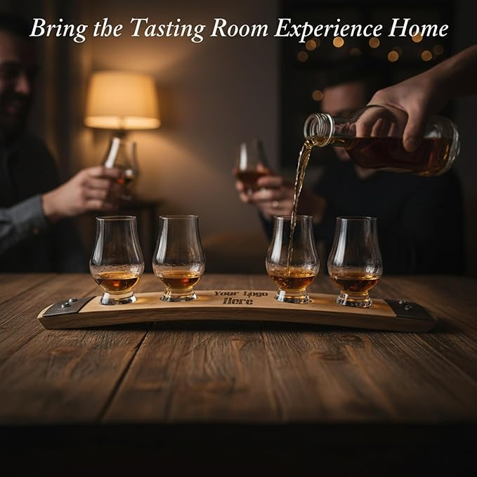 Personalized Premium 4 Glass Whiskey Flight/Engraved Center/Personalized Gift/Crystal Glass Option/Natural Oak Color (Your Logo/Design)