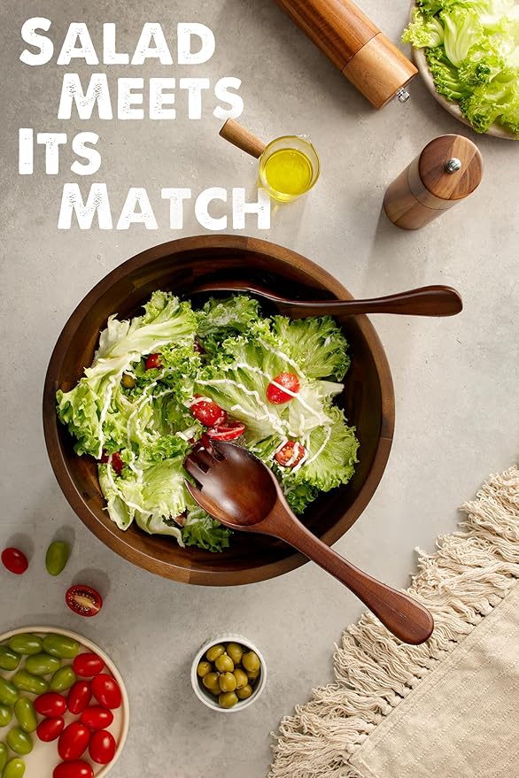 Acacia Wood Salad Bowl Set with Spoon, Fork - Large Salad Bowl with Serving Utensils - Big Mixing Bowl (12.2" Diameter x 4.75" Height) (Walnut Color)