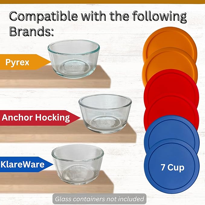 7 Cup/1.65 L Orange, Red, Blue Replacement Lids/Covers for Pyrex 7202-PC, 7 Cup/56oz Anchor Hocking & Klare Ware Storage Bowls *Lids Only* - *Glass Container Not Included* (4 Pack, Orange, Red, Blue)
