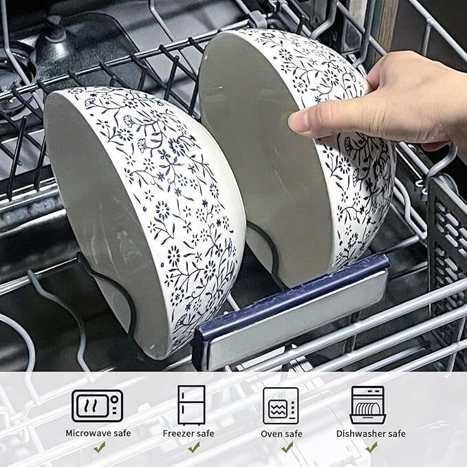 ramen bowl, salad bowl，mixing bowls，ceramic bowls, large cereal bowls, Large Soup Bowl, Pho Bowls, Fruit, Microwave Dishwasher Safe, 7 inch Blue and White 2 pack