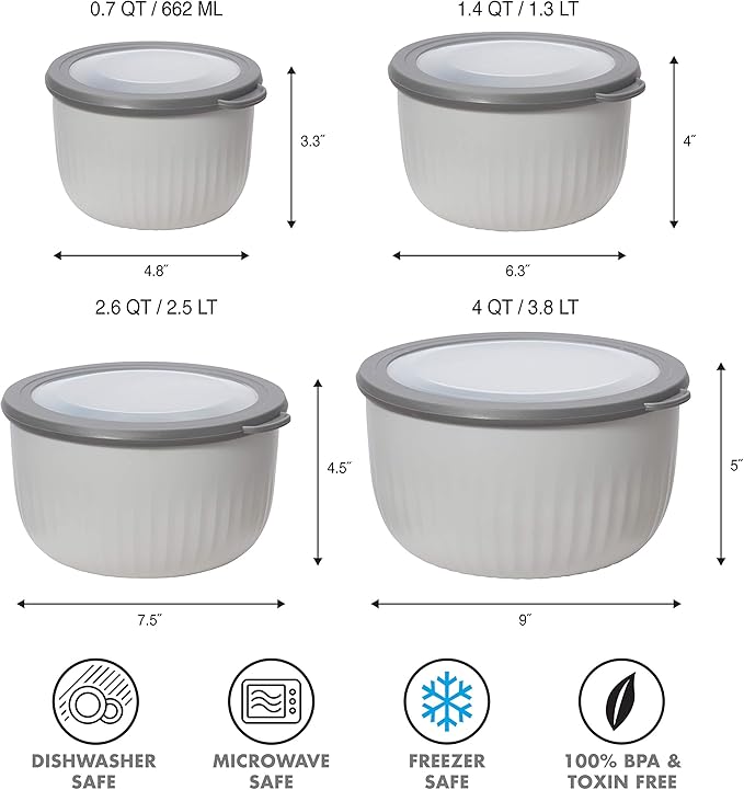 Oggi Prep, Store & Serve Plastic Bowl w/See-Thru Lid- Dishwasher, Microwave & Freezer Safe, (1.4 qt) Lt Gray w/Dk Gray Lid