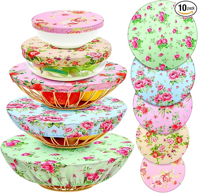 Patelai 10 Pcs Bowl Covers Reusable in 5 Size Stretch Cloth Fabric Elastic Food Storage Bowl Covers Bread Sourdough Lids for Proofing Food Fruits Leftover(Floral Style)