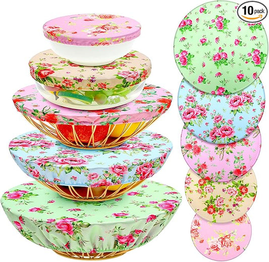 Patelai 10 Pcs Bowl Covers Reusable in 5 Size Stretch Cloth Fabric Elastic Food Storage Bowl Covers Bread Sourdough Lids for Proofing Food Fruits Leftover(Floral Style)
