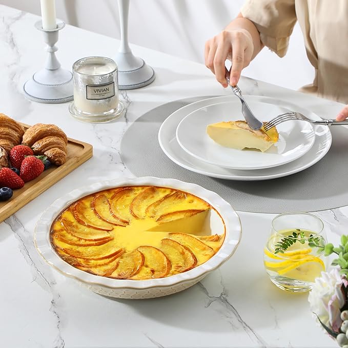 MALACASA Pie Dish for Baking, Stoneware Pie Pan 9 Inch, Embossed Deep Dish Pie Pans, 45 OZ Round Baking Dish Pie Pan, Fluted Dish Pie Plate for Apple Pie, Quiche and Tart, Set of 1, Series LYDIA