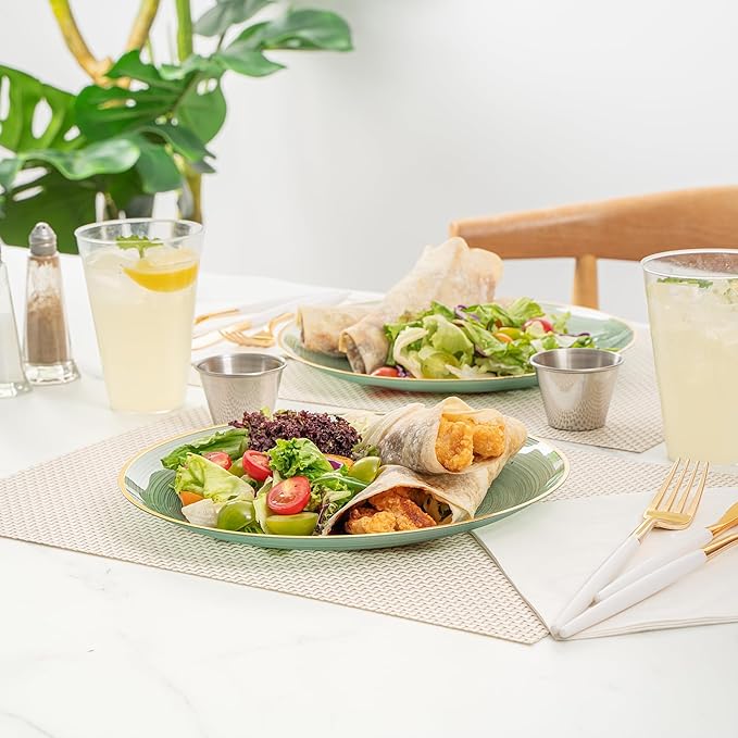 Restaurantware Plastic Plates 20 Pcs 10" Gold Rimmed Disposable Plates Heavy-Duty Green Translucent Rippled Plastic Dinner Servers for Party, Weddings, Salads, Desserts, and Appetizers